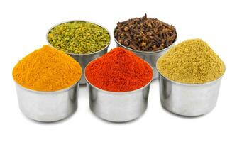 indisk färgrik kryddor i skål på vit bakgrund foto