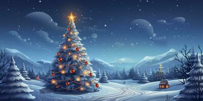 ai genererad hus med jul träd i vinter- för glad jul och Lycklig ny år. ai genererad foto