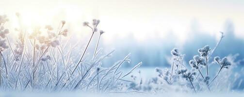 ai genererad frysta snöig gräs, vinter- naturlig abstrakt bakgrund. skön vinter- landskap. ai genererad foto