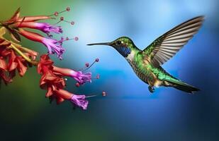 ai genererad kolibri fågel flygande Nästa till en skön röd blomma med regn. ai genererad foto