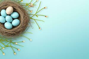 ai genererad påsk ägg i en bo på en blå bakgrund foto