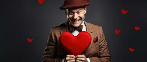 ai genererad porträtt av en Lycklig man med en röd hjärta på hjärtans dag begrepp. foto