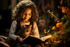 ai genererad söt flicka och en katt läsning en berättelse bok. generativ ai. foto