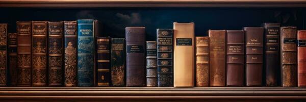 ai genererad en årgång trä- bokhylla med gammal böcker, horisontell baner foto