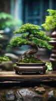 ai genererad en bonsai träd i en pott på en trä- tabell i en traditionell japansk trädgård foto
