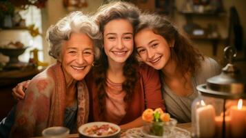 ai genererad värma familj porträtt av leende mormor med tvilling barnbarn foto
