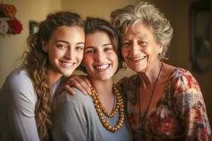 ai genererad tre generationer av glädje. leende mormor, mor, och dotter tillsammans foto