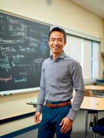ai genererad ett öst asiatisk manlig lärare med en välkomnande leende står i en klassrum, smart tillfällig klädsel, med en svarta tavlan full av anteckningar i de bakgrund. foto