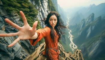 ai genererad asiatisk kvinna i orange klänning nå ut på berg klippa kant foto