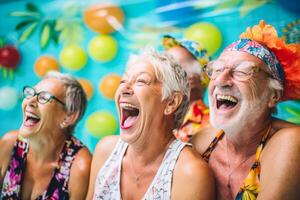 ai genererad en grupp av pigg senior vänner njut av en hjärtlig skratt tillsammans, klädd i festlig fest klädsel i bakgrund av färgrik ballonger och tropisk dekor. foto