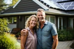 ai genererad en Lycklig par och en stor hus med sol- paneler installerat. foto