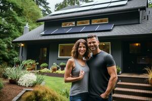 ai genererad en Lycklig par och en stor hus med sol- paneler installerat. foto