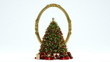 3d framställa av dekorerad jul träd med presenterar isolerat på vit bakgrund, ny år begrepp foto