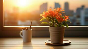 ai genererad blomma pott på en kontor skrivbord, saftig kaktus vas, generativ ai foto