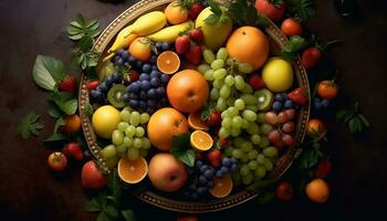 ai genererad friskhet av natur frikostighet druva, tomat, äpple, jordgubbe, orange genererad förbi ai foto