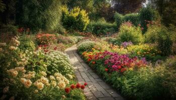 ai genererad en vibrerande äng av mång färgad blommor i en lugn landskap genererad förbi ai foto