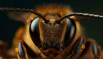 ai genererad stänga upp av en små bi huvud, gul och svart randig genererad förbi ai foto