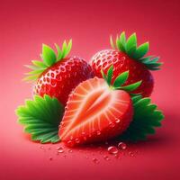 ai genererad närbild av jordgubbe, röd jordgubb med droppar vatten foto