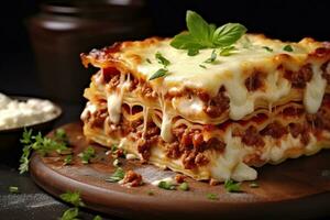 ai genererad traditionell italiensk mat lasagne med kött sås. ai genererad foto