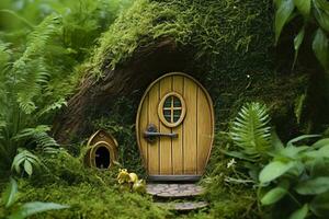 ai genererad liten magi trä- fe- dörrar och växter lämna på en mossiga naturlig grön bakgrund. ai genererad foto