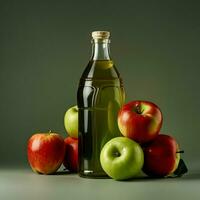 ai genererad äpple juice i en glas flaska med äpplen runt om på de grön bakgrund. hög upplösning. ai generativ foto