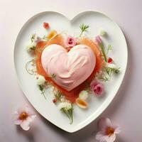 ai genererad pastell vit hjärtformade tallrik med elegant modern mat. helgon hjärtans dag. hög kvalitet. ai generativ foto