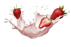 ai genererad mjölk eller yoghurt stänk med jordgubbar isolerat på vit bakgrund, 3d tolkning. ai genererad foto