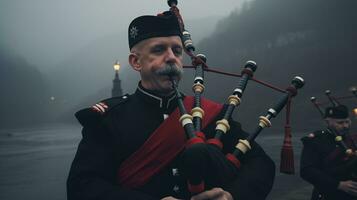 ai genererad skott säckpipa i traditionell klädsel ai genererad foto