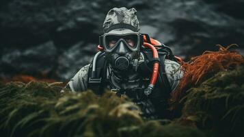 ai genererad soldat i taktisk redskap med gas mask ai genererad foto