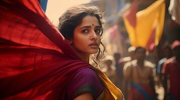 ai genererad indisk kvinna draperad i sari på upptagen gata ai genererad foto