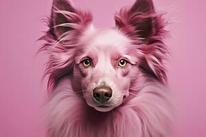 ai genererad rosa färgad hund på rosa bakgrund. ai genererad foto