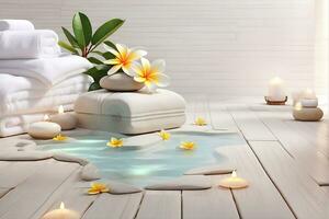 ai genererad spa behandling arom terapi med ljus, stenar och blommor för koppla av friskvård. foto
