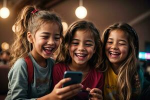 ai genererad barn njuter de spänning av använder sig av en mobiltelefon foto
