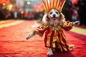ai genererad en hund klädd i färgrik kostym i de karneval brasiliansk ai generativ foto