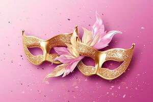 ai genererad gyllene karneval mask på en rosa bakgrund ai generativ foto