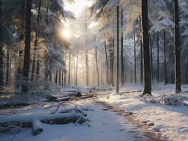 ai genererad fredlig vinter- skog super realism landskap foto