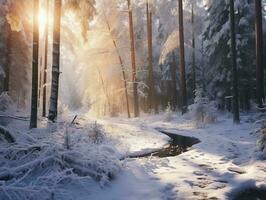 ai genererad fredlig vinter- skog super realism landskap foto