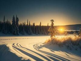 ai genererad skön vinter- landskap med solnedgång i de snöig berg, träd täckt med snö foto