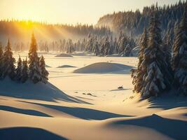 ai genererad skön vinter- landskap med solnedgång i de snöig berg, träd täckt med snö foto