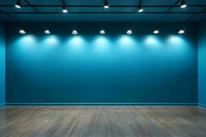 ai genererad blå vägg studio med spotlights foto