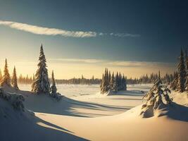 ai genererad skön vinter- landskap med solnedgång i de snöig berg, träd täckt med snö foto