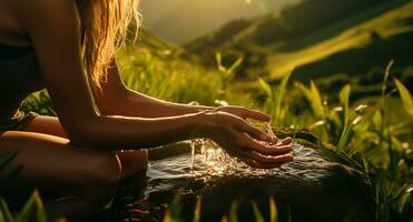ai genererad händer av en flicka vem resor genom de berg, fångad som hon tvättar henne händer med en fantastisk glamping se av natur i de bakgrund foto