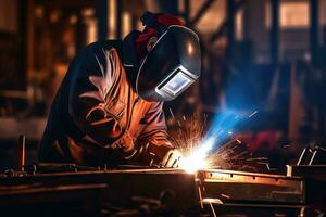 ai genererad industriell svetsare med ficklampa i de fabrik foto