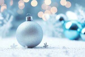 ai genererad jul bakgrund med jul dekorationer. blå bollar och silver- snöflingor foto