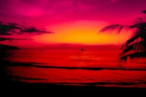 suddig av skön solnedgång med handflatan träd på de tropisk hav strand bakgrund foto