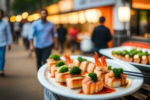 ai genererad en tallrik av sushi är på visa på en restaurang. ai-genererad foto