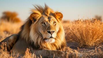 ai genererad stor manlig afrikansk lejon, panthera leo liggande i de gräs foto