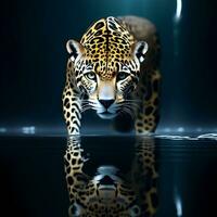 ai genererad en leopard gående genom vatten med gräs och vass i de bakgrund foto