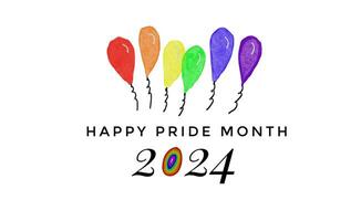 färgrik hand dragen regnbåge färger ballonger med text Lycklig stolthet månad 2024. vit bakgrund. begrepp, symbol av HBTQ gemenskap firande. design för dekoration. foto