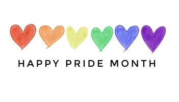 färgrik regnbåge färger hjärtan med text Lycklig stolthet månad på vit bakgrund. begrepp, symbol av HBTQ gemenskap firande runt om de värld i juni. Stöd mänsklig rätt av kön mångfald. foto